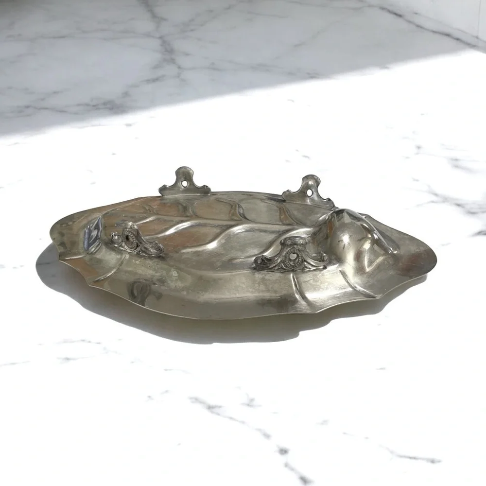 VTG Silver on Copper Footed Turkey Platter Large Leaf Design Serving Tray 18
